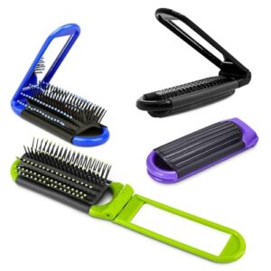 4-Pack Black Portable Folding Hair Brushes with Built-in Mirror Travel Gym