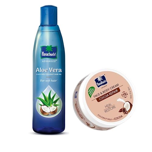 Parachute Advansed Aloe Vera Enriched Coconut Hair Oil & Cocoa Repair Body Cream | Set of 2