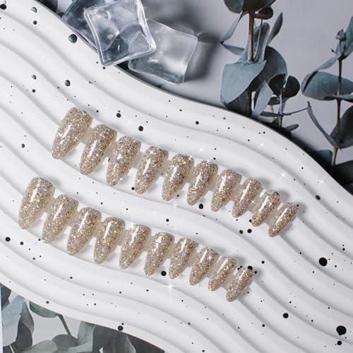 Pastel Gold Glitter Almond Press-On Nails Medium Size Iridescent Shimmer Finish - Image 3