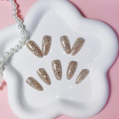Pastel Gold Glitter Almond Press-On Nails Medium Size Iridescent Shimmer Finish - Image 2
