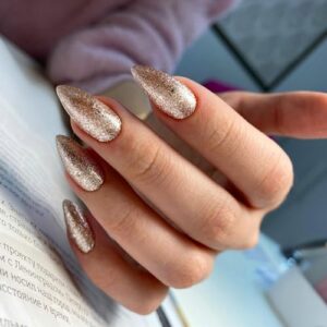 Pastel Gold Glitter Almond Press-On Nails Medium Size Iridescent Shimmer Finish