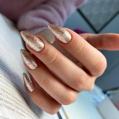 Pastel Gold Glitter Almond Press-On Nails Medium Size Iridescent Shimmer Finish