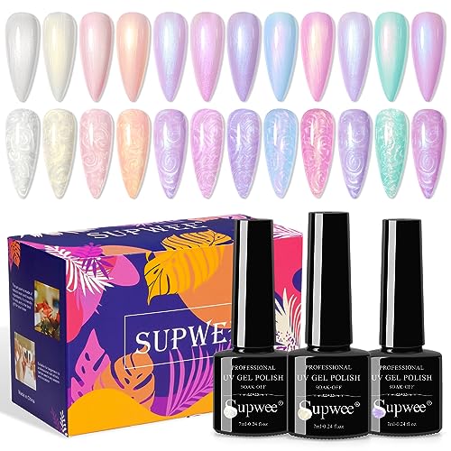 Pearl Gel Nail Polish - 12 Colors Shimmer Mermaid Nail Gel Polish White Pink Blue Iridescent Nail Polish Gel Soak Off UV Gel for Nail Art Polish DIY at Home