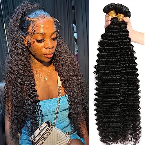 Perstar Human Hair Bundles Deep Wave（22 24 26 inch）100% Brazilian Virgin Remy Hair Deep Curly Weave 3 Bundles Human Hair Double Weft for Women Natural Black