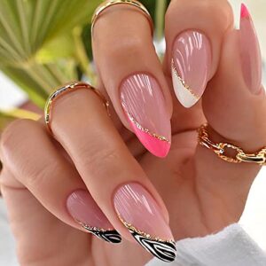 Pink Acrylic Press on Nails Almond Fake Nails Colorful with Swirl and Gold Foil Designs False Nails Cute Artificial Glue on Nails French Tip Stick on Nails for Summer Women and Girls 24pcs