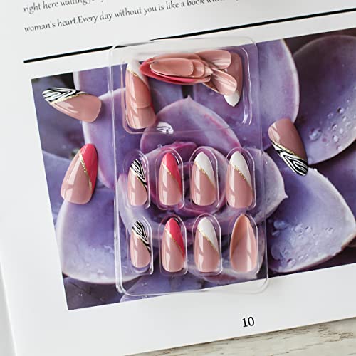 Pink Acrylic Press on Nails Almond Fake Nails Colorful with Swirl and Gold Foil Designs False Nails Cute Artificial Glue on Nails French Tip Stick on Nails for Summer Women and Girls 24pcs - Image 3