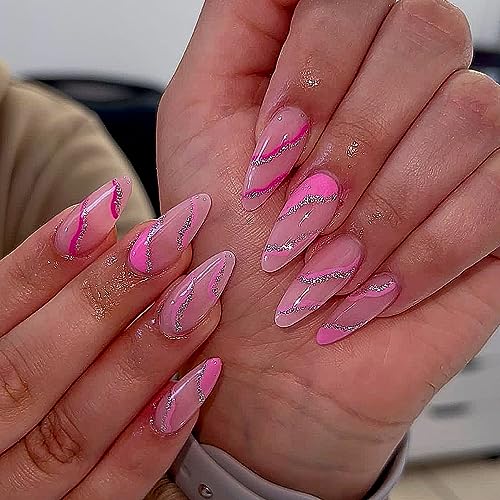 Pink Barbie Nails Press on Nails Medium Almond Shaped Fake Nails with with Swirl Silver Glitte Designs Stick on Nails Artificial Acrylic Nails for Women and Girls 24 PCS Nail Decorations