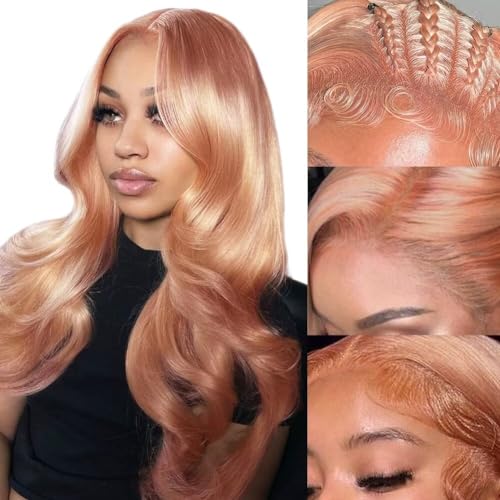 Pink Blonde Lace Front Wig Human Hair 26 Inch 13x4 HD Lace Rose Gold Human Hair Wigs Pre Plucked Peachy Blonde Colored Wig Human Hair For Women 150% Density Strawberry Blonde Body Wave Lace Front Wig