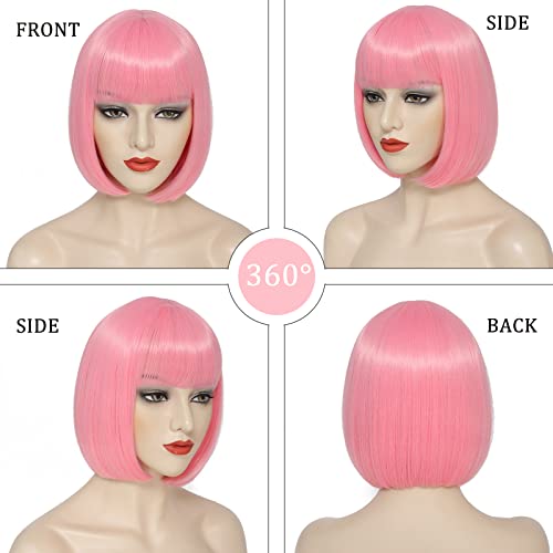 Pink Bob Wig With Bangs Short Pink Bob Wigs For Women Straight Bob Bangs Wig 10 Inch Heat Resistant Synthetic Hair Natural Looking For Daily Party Use - Image 2