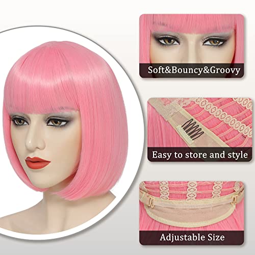 Pink Bob Wig With Bangs Short Pink Bob Wigs For Women Straight Bob Bangs Wig 10 Inch Heat Resistant Synthetic Hair Natural Looking For Daily Party Use - Image 3