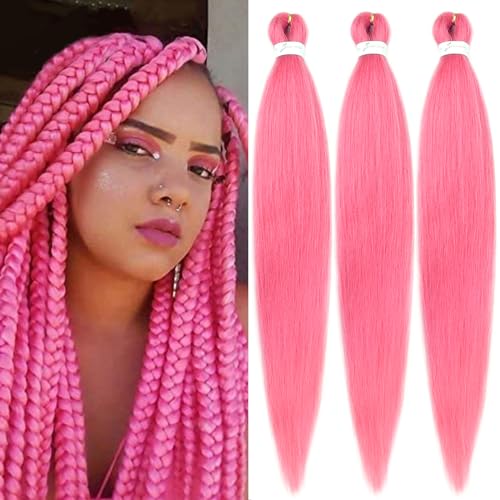 Pink Braiding Hair Pre stretched 30 Inch 3 Packs Kanekalon Pre-stretched Braiding Hair EZ Braid Hot Water Setting Soft Yaki Texture Synthetic Hair Extensions for Crochet Box Braids
