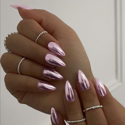 Pink Chrome Press on Nails Medium Almond,SXVME Gold Nails Chrome Fake Nails Plating Mirror Metal Glue on Nails,Acrylic Nails Metallic Nails Press ons,False Nails Medium Length Stiletto Nails in 24PCS