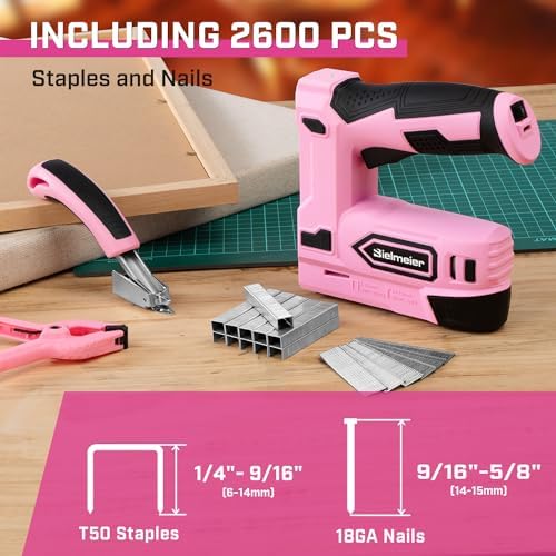Pink Cordless Staple Gun, 2-in-1 Nail Gun Battery Powered with 2600Pcs Staples and Nails, 4V Brad Nailer Tacker Electric Stapler for Upholstery, Material Repair, Carpentry, Wood, DIY - Image 2