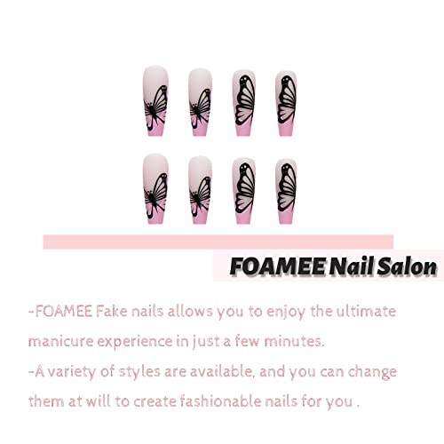 Pink French Tip Fake Nails Coffin Long Press on Nails with Design Matte Acrylic Stick on Nails Butterfly Ballerina Glue on Nails for Women - Image 6