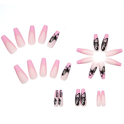 Pink French Tip Fake Nails Coffin Long Press on Nails with Design Matte Acrylic Stick on Nails Butterfly Ballerina Glue on Nails for Women - Image 5