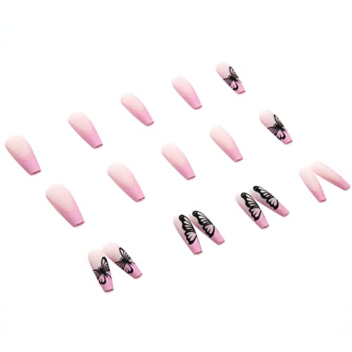 Pink French Tip Fake Nails Coffin Long Press on Nails with Design Matte Acrylic Stick on Nails Butterfly Ballerina Glue on Nails for Women - Image 4