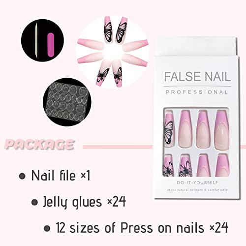 Pink French Tip Fake Nails Coffin Long Press on Nails with Design Matte Acrylic Stick on Nails Butterfly Ballerina Glue on Nails for Women - Image 3
