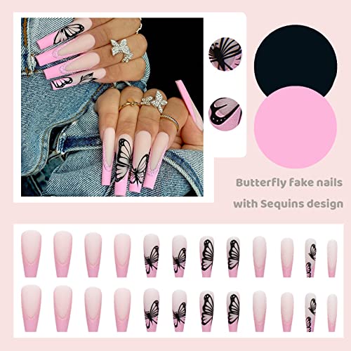 Pink French Tip Fake Nails Coffin Long Press on Nails with Design Matte Acrylic Stick on Nails Butterfly Ballerina Glue on Nails for Women - Image 2