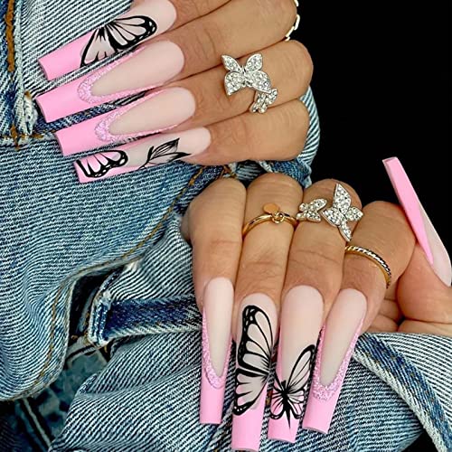 Pink French Tip Fake Nails Coffin Long Press on Nails with Design Matte Acrylic Stick on Nails Butterfly Ballerina Glue on Nails for Women