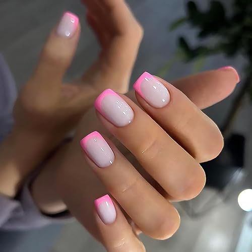Pink French Tip Press on Nails Short Square Fake Nails Glossy False Nails With Designs Full Cover Stick on Nails Reusable Acrylic Artificial Nails Glue on Nails for Women Nail Art Decorations 24Pcs