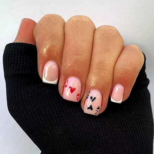 Pink French Tip Press on Nails Short Square Fake Nails Poker Designs False Nails Full Cover Glue on Nails Coffin Acrylic Glossy Artificial Nails for Women Girls Stick on Nails Manicure Supplies 24Pcs