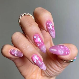 Pink Glitter Cat Eye Nails Press on Long Almond Acrylic Fake Nails Mirror Love Heart Butterfly Design Stick on Nails for Women DIY Manicure Decoration