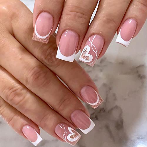 24 Piece Pink Glitter Heart French Tip Press-On Nails for Effortless Nail Art