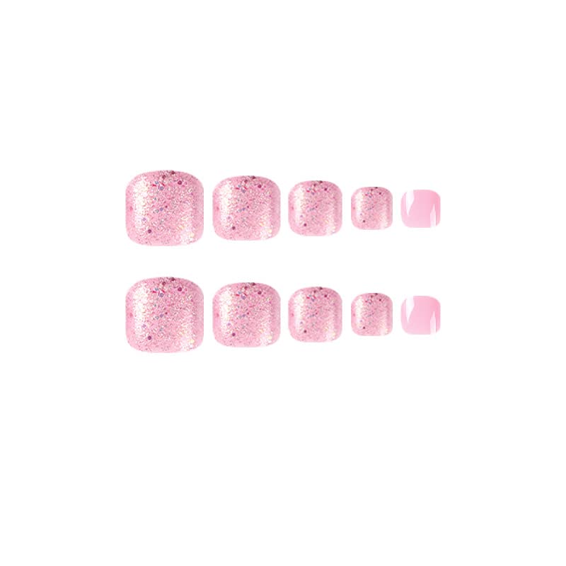 Pink Glitter Square Short Press-On Toenails 24 Piece Set for Women and Girls - Image 5