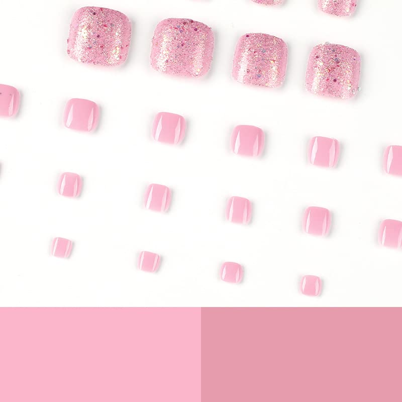 Pink Glitter Square Short Press-On Toenails 24 Piece Set for Women and Girls - Image 3