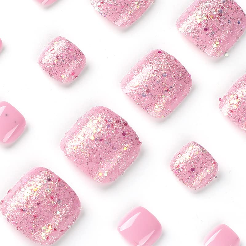 Pink Glitter Square Short Press-On Toenails 24 Piece Set for Women and Girls - Image 2
