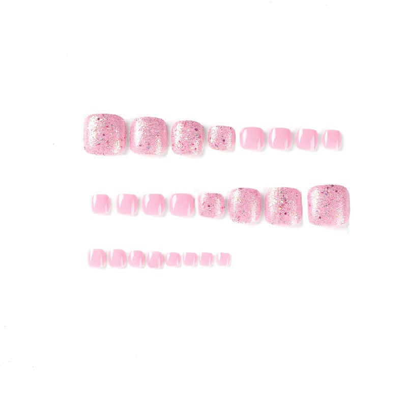 Pink Glitter Square Short Press-On Toenails 24 Piece Set for Women and Girls - Image 4
