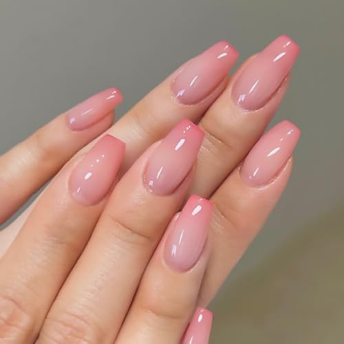 Pink Gradient French Press on Nails Medium Artifical Acrylic Fake Nails Ballet Shaped False Nails Full Cover Reusable Glossy Coffin Nails Glue on Nails for Women Nature Fit Stick on Nails Kit 24Pcs