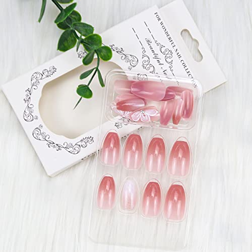 Pink Gradient Press on Nails Short, White Flowers Fake Nails Coffin, Petal Butterfly Acrylic False Nail Kits with Rhinestone Stick Glue on Nails Sets for Women Reusable Full Cover Gel Nails 24Pcs - Image 4