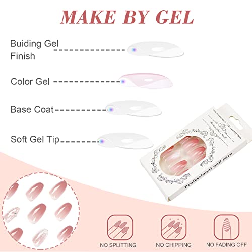 Pink Gradient Press on Nails Short, White Flowers Fake Nails Coffin, Petal Butterfly Acrylic False Nail Kits with Rhinestone Stick Glue on Nails Sets for Women Reusable Full Cover Gel Nails 24Pcs - Image 6