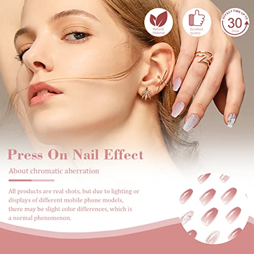 Pink Gradient Press on Nails Short, White Flowers Fake Nails Coffin, Petal Butterfly Acrylic False Nail Kits with Rhinestone Stick Glue on Nails Sets for Women Reusable Full Cover Gel Nails 24Pcs - Image 7