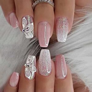 Pink Gradient Press on Nails Short, White Flowers Fake Nails Coffin, Petal Butterfly Acrylic False Nail Kits with Rhinestone Stick Glue on Nails Sets for Women Reusable Full Cover Gel Nails 24Pcs