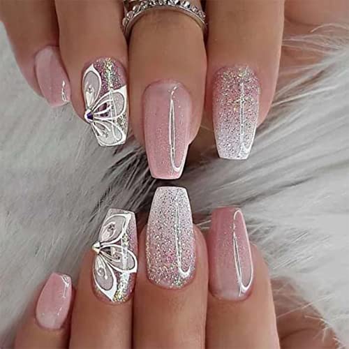 Pink Gradient Press on Nails Short, White Flowers Fake Nails Coffin, Petal Butterfly Acrylic False Nail Kits with Rhinestone Stick Glue on Nails Sets for Women Reusable Full Cover Gel Nails 24Pcs
