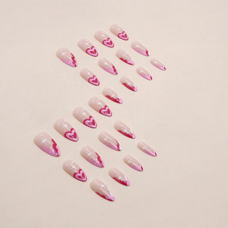 Pink Heart Press on Nails Medium Almond Stiletto,IFMOPETY Acrylic False Nails Set Reusable Fake Nails Almond Nails Press on False Nails for Women 24PCS-12 Sizes - Image 4