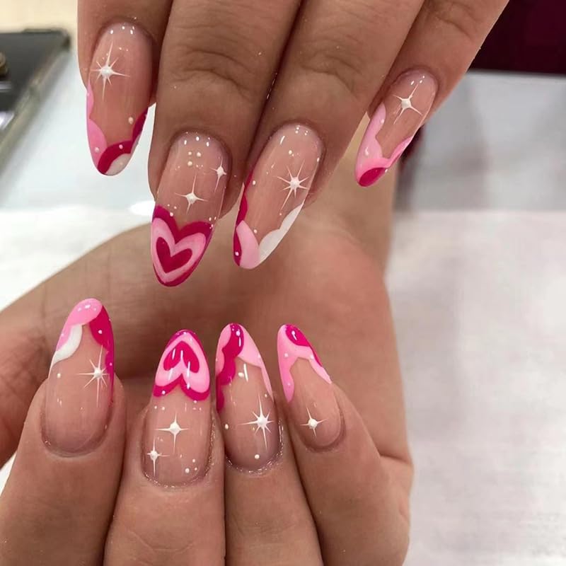 Pink Heart Press on Nails Medium Almond Stiletto,IFMOPETY Acrylic False Nails Set Reusable Fake Nails Almond Nails Press on False Nails for Women 24PCS-12 Sizes