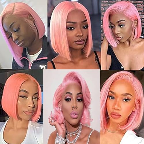 Pink Lace Front Bob Wigs Human Hair 13X4 HD Transparent Straight Short Bob Wig Human Hair Glueless Blunt Cut Bob Wig 150% Density Lace Front Wigs Pre Plucked With Baby Hair 10 Inch Bob - Image 5