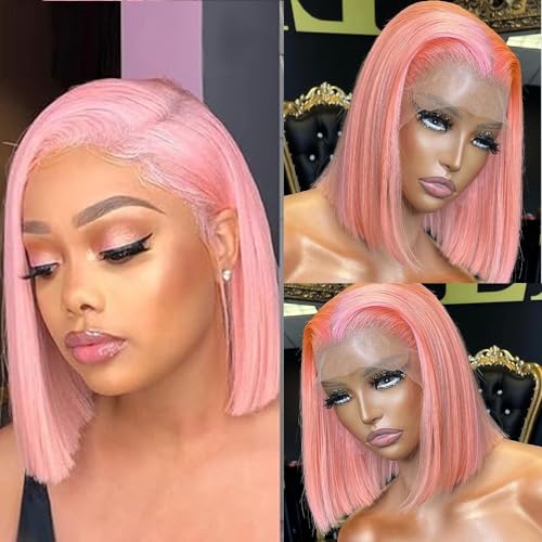 Pink Lace Front Bob Wigs Human Hair 13X4 HD Transparent Straight Short Bob Wig Human Hair Glueless Blunt Cut Bob Wig 150% Density Lace Front Wigs Pre Plucked With Baby Hair 10 Inch Bob