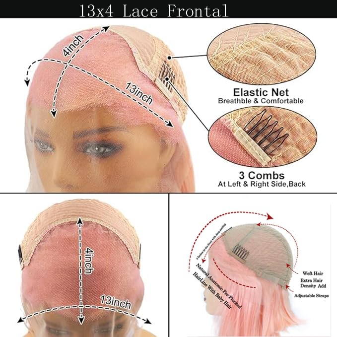 Pink Lace Front Bob Wigs Human Hair 13X4 HD Transparent Straight Short Bob Wig Human Hair Glueless Blunt Cut Bob Wig 150% Density Lace Front Wigs Pre Plucked With Baby Hair 10 Inch Bob - Image 7