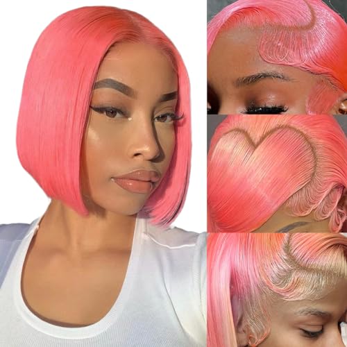 Pink Lace Front Wig Human Hair 13x4 Pink Human Hair Bob Wigs 180% Density Hot Pink Bob Lace Front Wigs Human Hair With Natural Hairline Pink Short Straight Bob Wig 12In