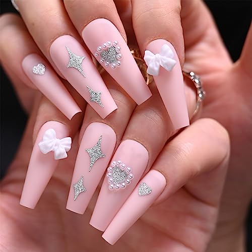 Pink Long Press on Nails Coffin Love Bow-knot Star Acrylic Nails Press ons with Pearl Design Full Cover False Nails with Glue for Women and Girls 24Pcs