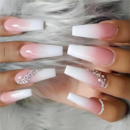 Pink Nail Press ons Long Press on Nails Coffin Fake Fingernails with Nails Glue Pink White Ombre Acrylic False Nails with Rhinestones Designs Glossy Artificial Stick on Nails for Women 24Pcs