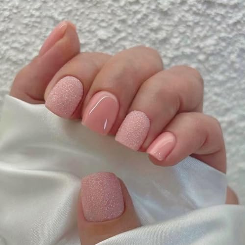 Pink Press on Nail Square Glitter Fake Nail Stick on Nail Pink Glitter Reflective Nail Design Artificial False Nails Short for Women Girls Acrylic Nails Manicure Decor