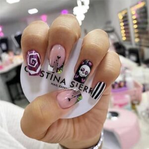 Pink Press on Nails Halloween Medium Square Fake Nails Black and White Line False Nails Skeleton Heart Glue on Nails Full Cover Acrylic Nails for Women and Girls 24 PCS Nail Decorations