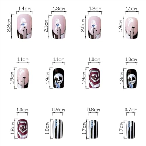 Pink Press on Nails Halloween Medium Square Fake Nails Black and White Line False Nails Skeleton Heart Glue on Nails Full Cover Acrylic Nails for Women and Girls 24 PCS Nail Decorations - Image 4