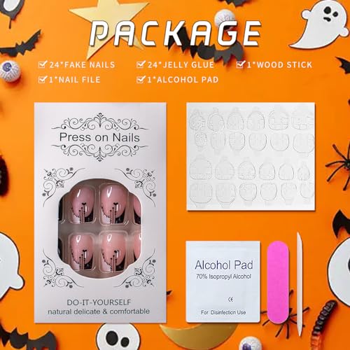 Pink Press on Nails Halloween Medium Square Fake Nails Black and White Line False Nails Skeleton Heart Glue on Nails Full Cover Acrylic Nails for Women and Girls 24 PCS Nail Decorations - Image 6