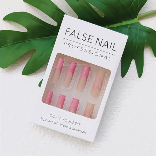 Pink Press on Nails Long Coffin French Nails press ons Valentines Fake Nails Pink Glitter False Nails Designs Pink Heart Valentines Day Nails Full Cover Acrylic Nails Stick on Nails Girls for Women - Image 5